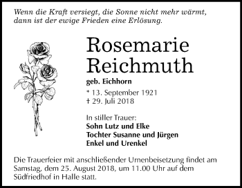 Traueranzeige von Rosemarie Reichmuth von Mitteldeutsche Zeitung Halle/Saalkreis