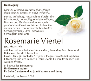Traueranzeige von Rosemarie Viertel von Wochenspiegel Mansfelder Land