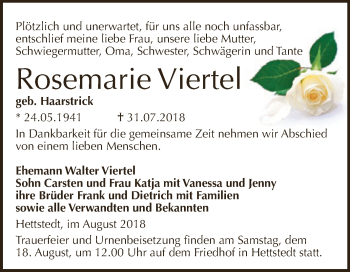 Traueranzeige von Rosemarie Viertel von Wochenspiegel Mansfelder Land