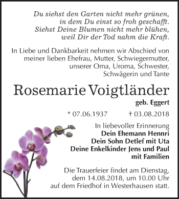 Traueranzeige von Rosemarie Voigtländer von Mitteldeutsche Zeitung Quedlinburg