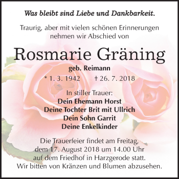 Traueranzeige von Rosmarie Gräning von Mitteldeutsche Zeitung