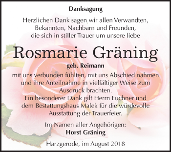 Traueranzeige von Rosmarie Gräning von Mitteldeutsche Zeitung