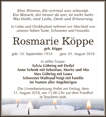 Traueranzeige von Rosmarie Köppe von WVG - Wochenspiegel NMB / WSF / ZTZ