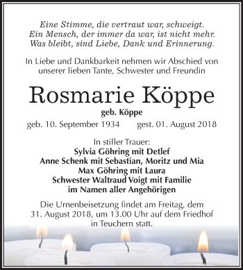 Traueranzeige von Rosmarie Köppe von Mitteldeutsche Zeitung Weißenfels