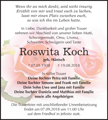 Traueranzeige von Roswita Koch von Mitteldeutsche Zeitung Bitterfeld