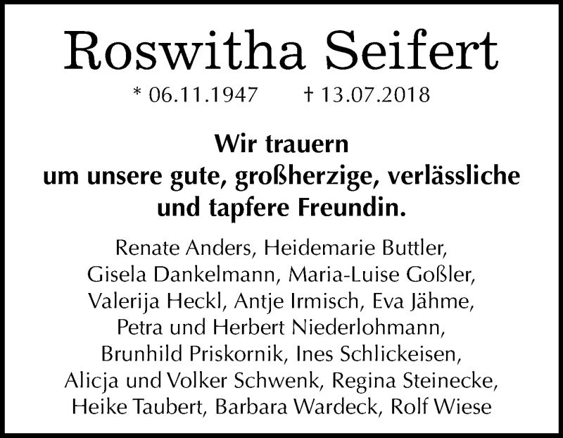  Traueranzeige für Roswitha Seifert vom 04.08.2018 aus Mitteldeutsche Zeitung Halle/Saalkreis