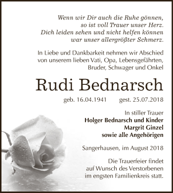 Traueranzeige von Rudi Bednarsch von Super Sonntag SGH Mansf. Land