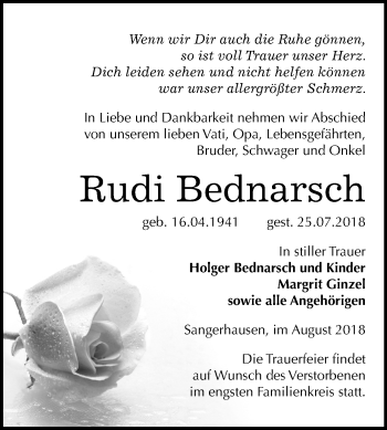 Traueranzeige von Rudi Bednarsch von Mitteldeutsche Zeitung Sangerhausen