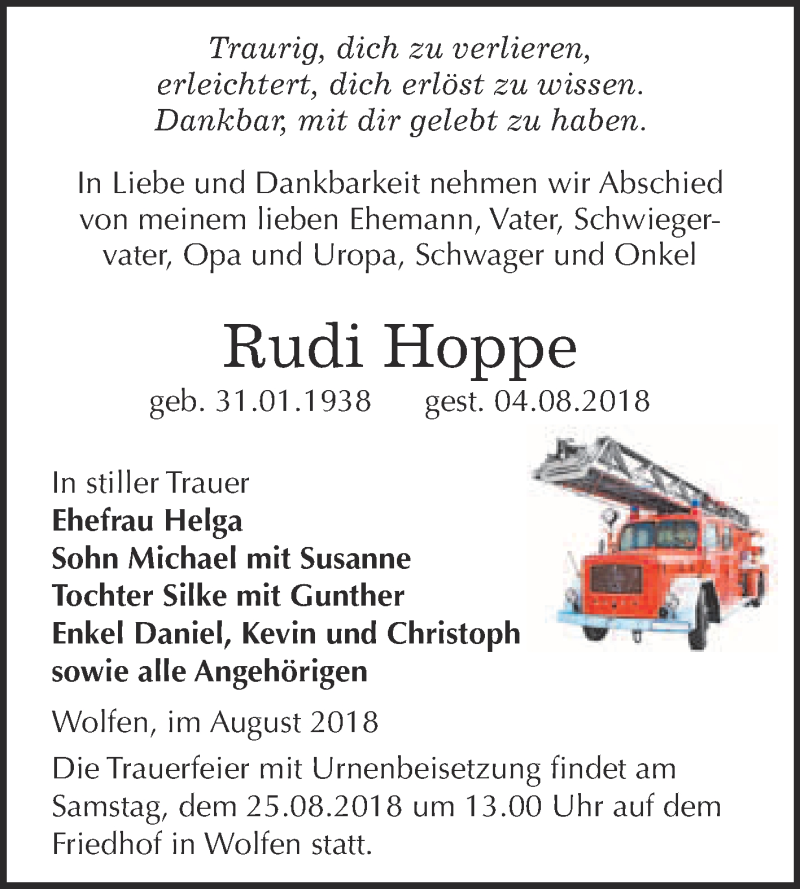  Traueranzeige für Rudi Hoppe vom 15.08.2018 aus WVG - Wochenspiegel Bitterfeld