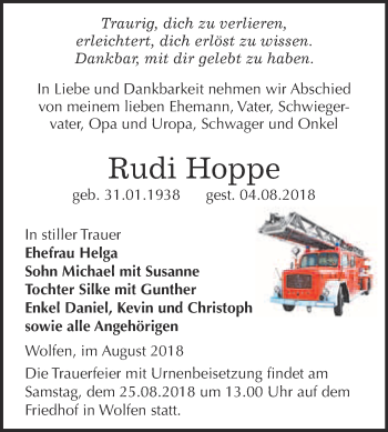 Traueranzeige von Rudi Hoppe von WVG - Wochenspiegel Bitterfeld