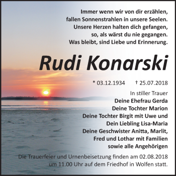 Traueranzeige von Rudi Konarski von WVG - Wochenspiegel Bitterfeld