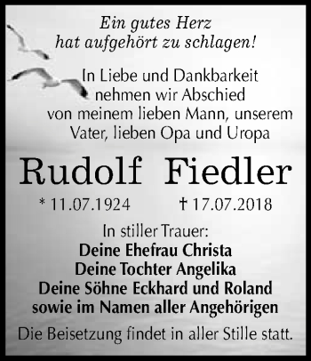 Traueranzeige von Rudolf Fiedler von WVG - Wochenspiegel Merseburg