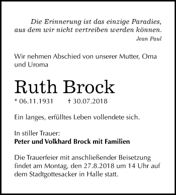 Traueranzeige von Ruth Brock von Mitteldeutsche Zeitung Halle/Saalkreis