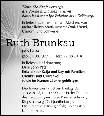 Traueranzeige von Ruth Brunkau von WVG - Wochenspiegel Quedlinburg