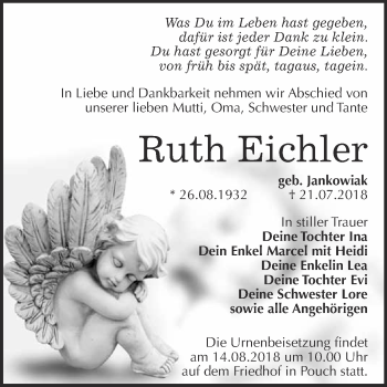Traueranzeige von Ruth Eichler von WVG - Wochenspiegel Bitterfeld