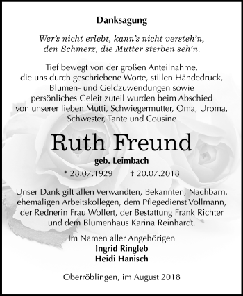 Traueranzeige von Ruth Freund von Mitteldeutsche Zeitung