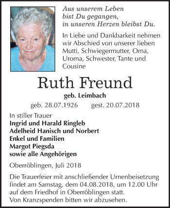 Traueranzeige von Ruth Freund von Mitteldeutsche Zeitung Sangerhausen