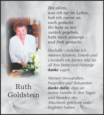 Traueranzeige von Ruth Goldstein von WVG - Wochenspiegel Bitterfeld