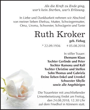 Traueranzeige von Ruth Kroker von Mitteldeutsche Zeitung