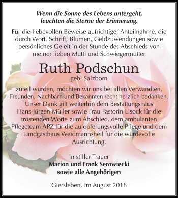 Traueranzeige von Ruth Podschun von Mitteldeutsche Zeitung Aschersleben