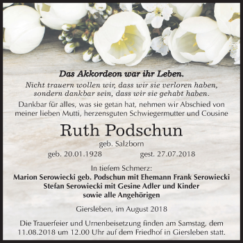 Traueranzeige von Ruth Podschun von Mitteldeutsche Zeitung Aschersleben