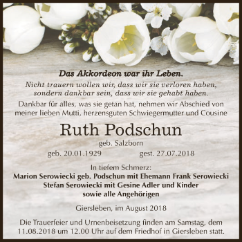 Traueranzeige von Ruth Podschun von Super Sonntag Aschersleben