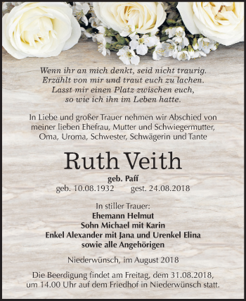 Traueranzeige von Ruth Veith von Mitteldeutsche Zeitung Merseburg/Querfurt