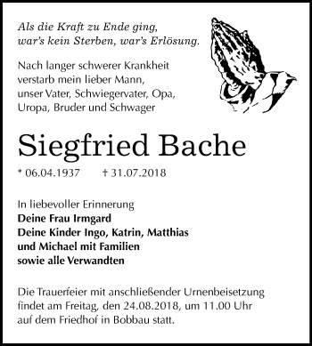 Traueranzeige von Siegfried Bache von Mitteldeutsche Zeitung Bitterfeld