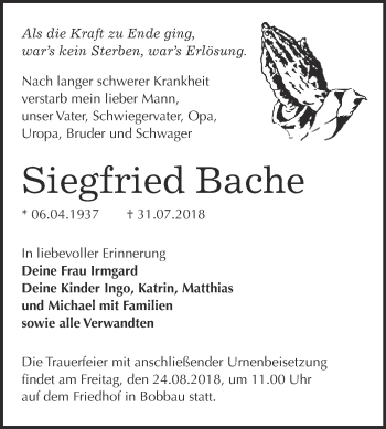 Traueranzeige von Siegfried Bache von WVG - Wochenspiegel Bitterfeld