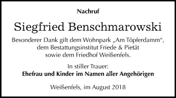 Traueranzeige von Siegfried Benschmarowski von Mitteldeutsche Zeitung Weißenfels