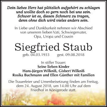 Traueranzeige von Siegfried Staub von WVG - Wochenspiegel Quedlinburg