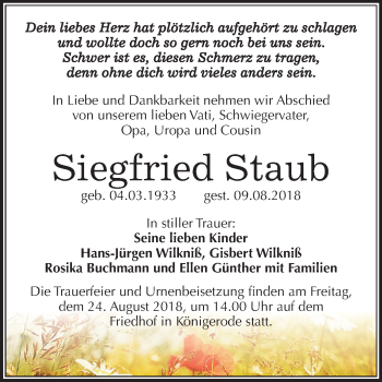 Traueranzeige von Siegfried Staub von Mitteldeutsche Zeitung Quedlinburg