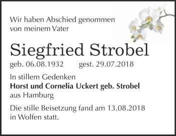Traueranzeige von Siegfried Strobel von WVG - Wochenspiegel Bitterfeld