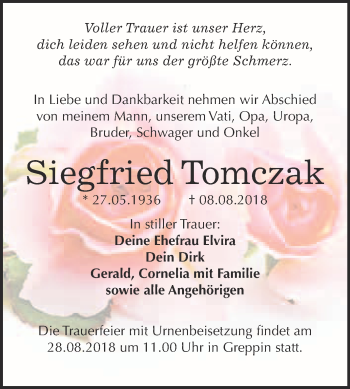 Traueranzeige von Siegfried Tomczak von WVG - Wochenspiegel Bitterfeld