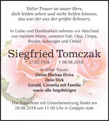 Traueranzeige von Siegfried Tomczak von Mitteldeutsche Zeitung Bitterfeld