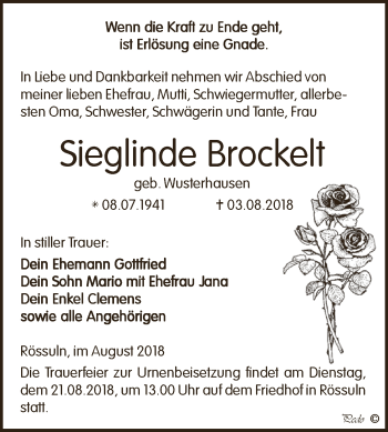 Traueranzeige von Sieglinde Brockelt von WVG - Wochenspiegel NMB / WSF / ZTZ