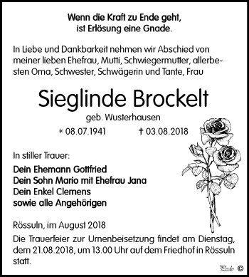 Traueranzeige von Sieglinde Brockelt von Mitteldeutsche Zeitung Weißenfels