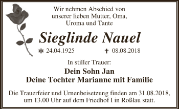 Traueranzeige von Sieglinde Nauel von WVG - Wochenspiegel Dessau / Köthen