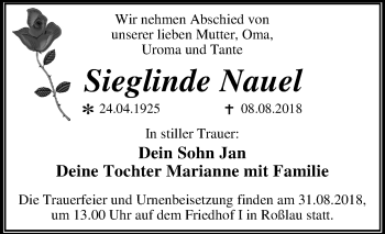 Traueranzeige von Sieglinde Nauel von Mitteldeutsche Zeitung Dessau-Roßlau