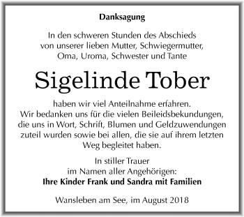 Traueranzeige von Sigelinde Tober von Mitteldeutsche Zeitung