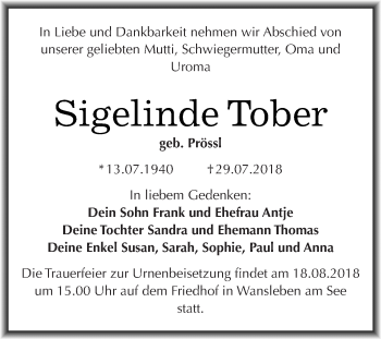 Traueranzeige von Sigelinde Tober von WVG - Wochenspiegel Halle