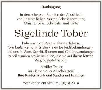 Traueranzeige von Sigelinde Tober von Wochenspiegel Mansfelder Land
