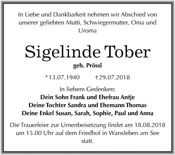 Traueranzeige von Sigelinde Tober von Mitteldeutsche Zeitung
