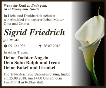 Traueranzeige von Sigrid Friedrich von WVG - Wochenspiegel Dessau / Köthen