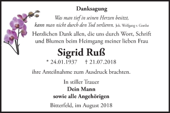 Traueranzeige von Sigrid Ruß von Mitteldeutsche Zeitung Bitterfeld