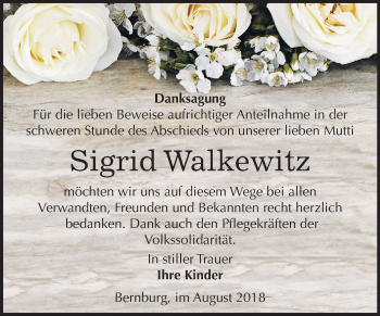 Traueranzeige von Sigrid Walkewitz von Mitteldeutsche Zeitung Bernburg