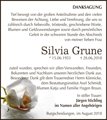 Traueranzeige von Silvia Grune von WVG - Wochenspiegel NMB / WSF / ZTZ