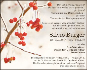 Traueranzeige von Silvio Bürger von WVG - Wochenspiegel Dessau / Köthen