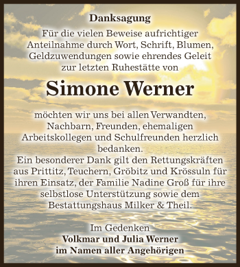 Traueranzeige von Simone Werner von WVG - Wochenspiegel NMB / WSF / ZTZ