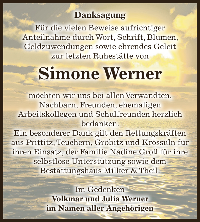  Traueranzeige für Simone Werner vom 15.08.2018 aus WVG - Wochenspiegel NMB / WSF / ZTZ